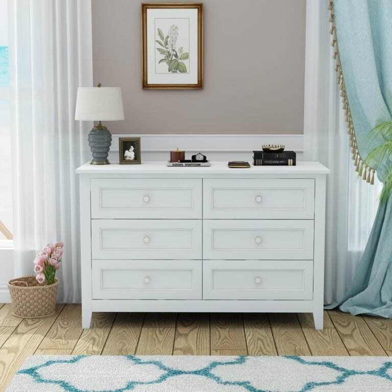 Dresser Double Chest Furniture of 6 Drawers Bedroom Storage White Painted Finish