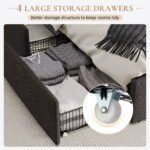 Dark grey queen size platform bed frame with 4 storage drawers & wingback
