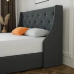Dark grey queen size platform bed frame with 4 storage drawers & wingback