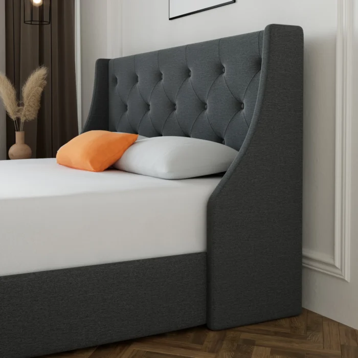 Dark grey queen size platform bed frame with 4 storage drawers & wingback