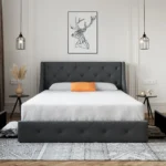 Dark grey queen size platform bed frame with 4 storage drawers & wingback