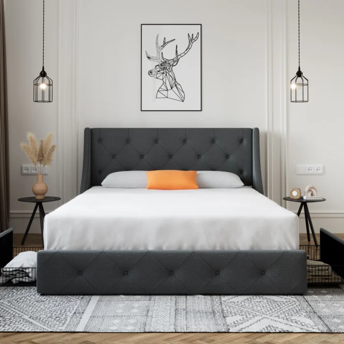 Dark grey queen size platform bed frame with 4 storage drawers & wingback