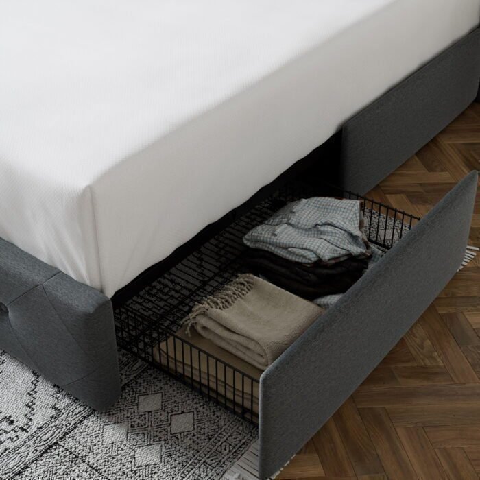 Dark grey queen size platform bed frame with 4 storage drawers & wingback