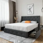 Dark grey queen size platform bed frame with 4 storage drawers & wingback