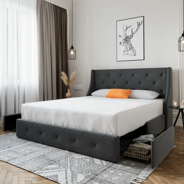 Dark grey queen size platform bed frame with 4 storage drawers & wingback