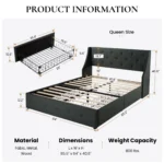Dark grey queen size platform bed frame with 4 storage drawers & wingback