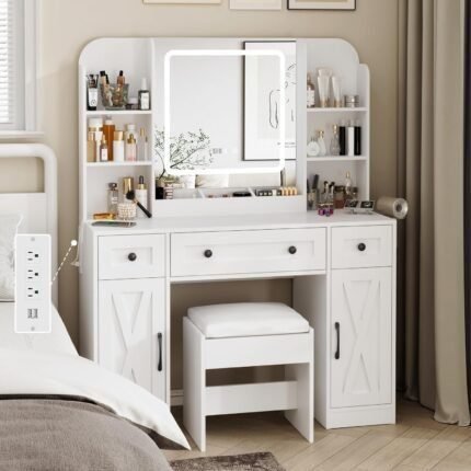 Makeup Vanity Desk, Vanity Mirror with Lights Desk and Chair, Vanity Table with 3 Large Drawers & 2 Cabinets