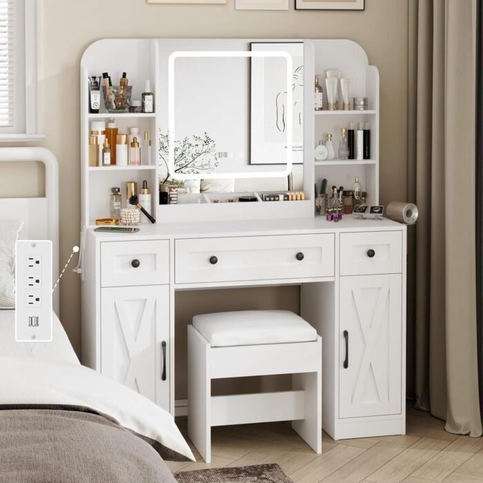 Makeup Vanity Desk, Vanity Mirror with Lights Desk and Chair, Vanity Table with 3 Large Drawers & 2 Cabinets