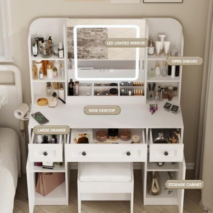 Makeup Vanity Desk, Vanity Mirror with Lights Desk and Chair, Vanity Table with 3 Large Drawers & 2 Cabinets