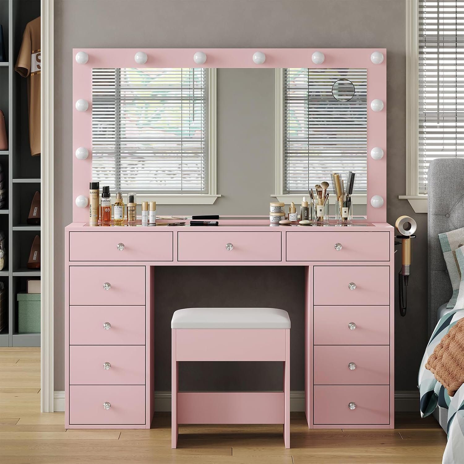 Vanity Desk &amp; Power Outl, Makeup Vanity with Mirror and 12 LED Lights, Makeup Table with 11 Drawers - Pink, 11 Drawer