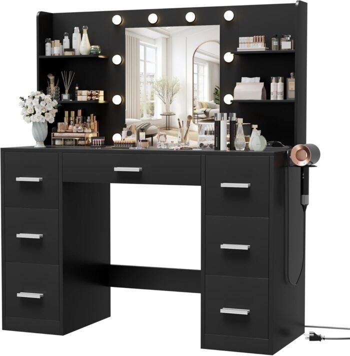 Vanity Desk with Mirror, LED Lights and Power Outlet Makeup Vanity Table with 7 Drawers and 6 Storage Shelves Dressing Table