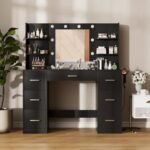 Vanity Desk with Mirror, LED Lights and Power Outlet Makeup Vanity Table with 7 Drawers and 6 Storage Shelves Dressing Table