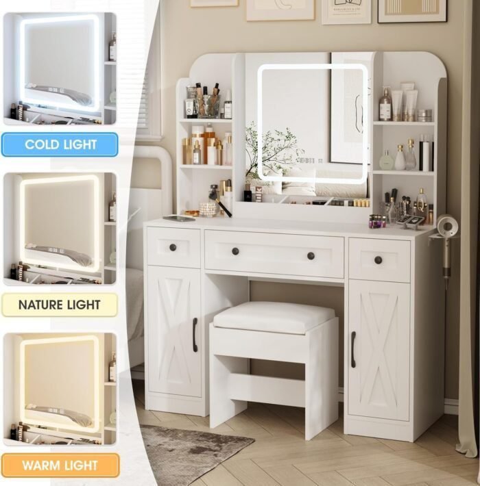 Makeup Vanity Desk, Vanity Mirror with Lights Desk and Chair, Vanity Table with 3 Large Drawers & 2 Cabinets