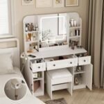 Makeup Vanity Desk, Vanity Mirror with Lights Desk and Chair, Vanity Table with 3 Large Drawers & 2 Cabinets