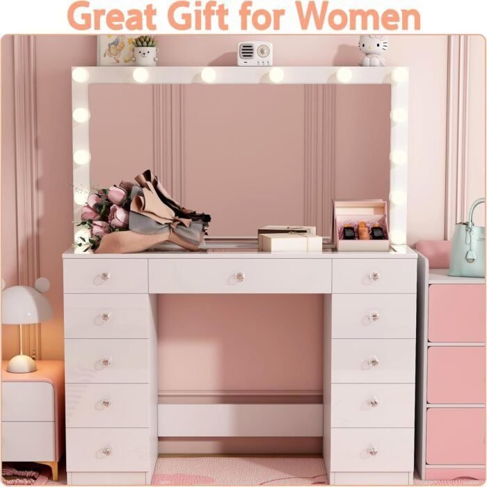 Makeup Vanity with Mirror and 14 LED Light, 3 Lighting Modes,11 Drawer Vanity Table with Sliding Jewelry Storage