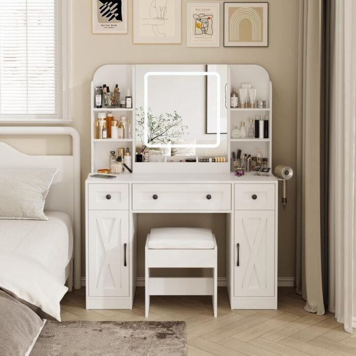 Makeup Vanity Desk, Vanity Mirror with Lights Desk and Chair, Vanity Table with 3 Large Drawers & 2 Cabinets