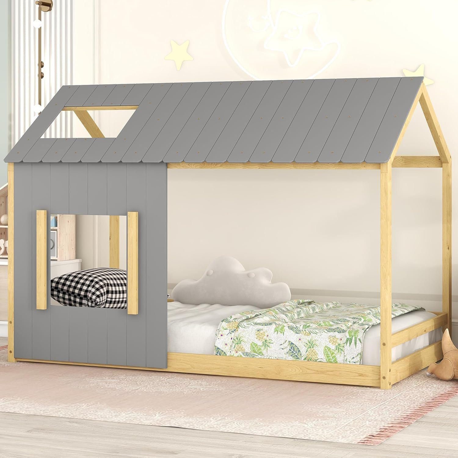 Twin Size Montessori Bed Frame, Twin Size House Floor Bed Frame with Headboard, Roof and Window - Twin, Gray Natural