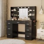 Vanity Desk with Mirror, LED Lights and Power Outlet Makeup Vanity Table with 7 Drawers and 6 Storage Shelves Dressing Table