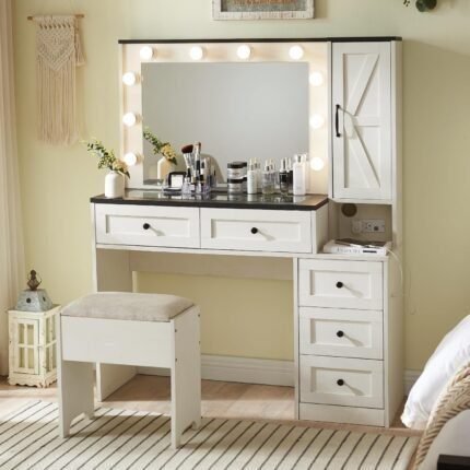 Farmhouse Vanity Makeup Desk with Charging Station, 43" W Vanity Desk with Lights Mirror and Drawers for Makeup