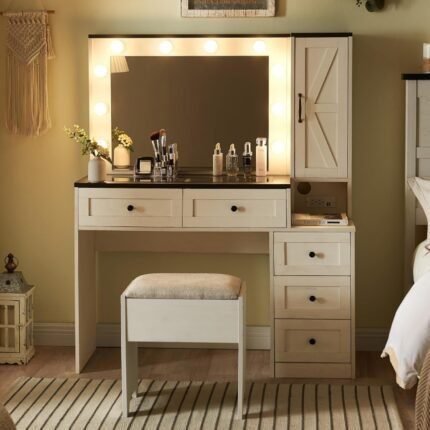 Farmhouse Vanity Makeup Desk with Charging Station, 43" W Vanity Desk with Lights Mirror and Drawers for Makeup