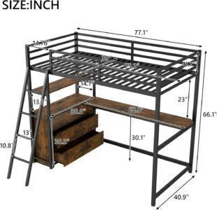 Metal Twin Size Loft Bed with Desk and Storage Drawers,LED Loft Bed Twin with USB Charging Station,Heavy Duty Loft Bed Frame
