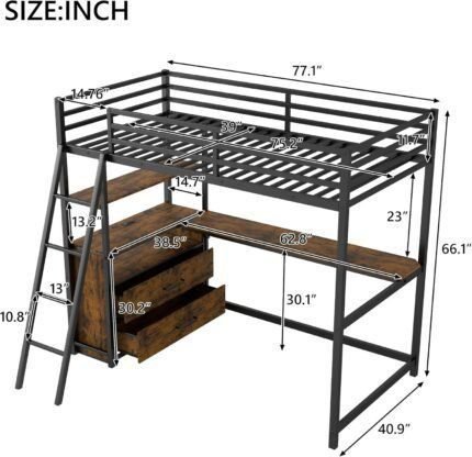 Metal Twin Size Loft Bed with Desk and Storage Drawers,LED Loft Bed Twin with USB Charging Station,Heavy Duty Loft Bed Frame