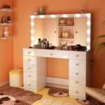 Makeup Vanity with Mirror and 14 LED Light, 3 Lighting Modes,11 Drawer Vanity Table with Sliding Jewelry Storage