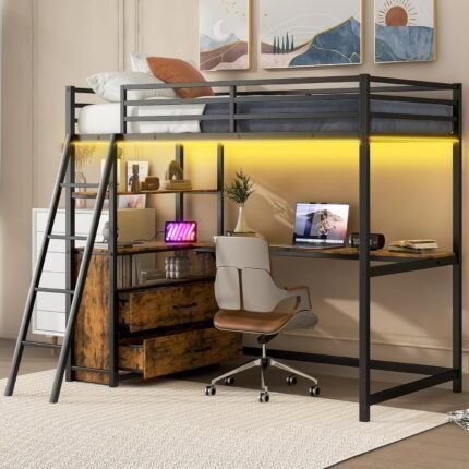 Metal Twin Size Loft Bed with Desk and Storage Drawers,LED Loft Bed Twin with USB Charging Station,Heavy Duty Loft Bed Frame