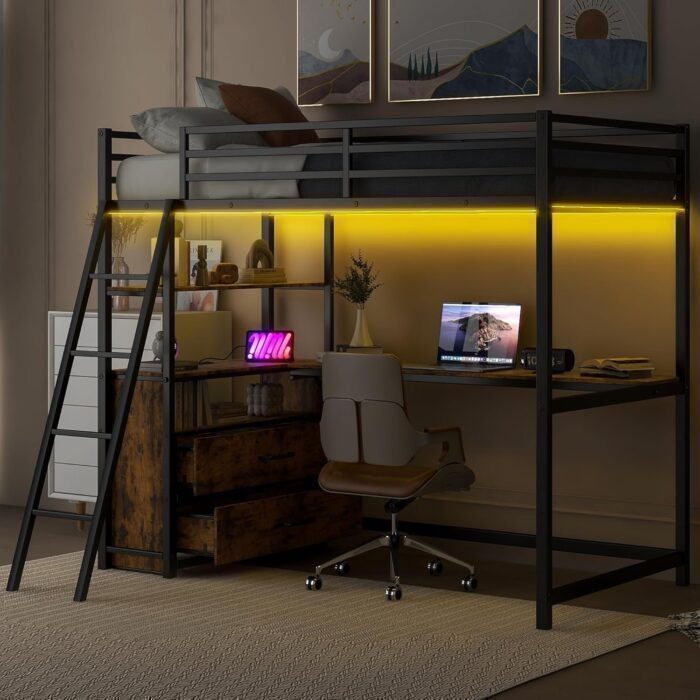 Metal Twin Size Loft Bed with Desk and Storage Drawers,LED Loft Bed Twin with USB Charging Station,Heavy Duty Loft Bed Frame