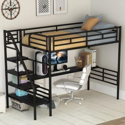 Twin Loft Bed with Desk and Storage Stairs, Heavy Duty Loft Bed with Atairs and Full-Length Guardrail