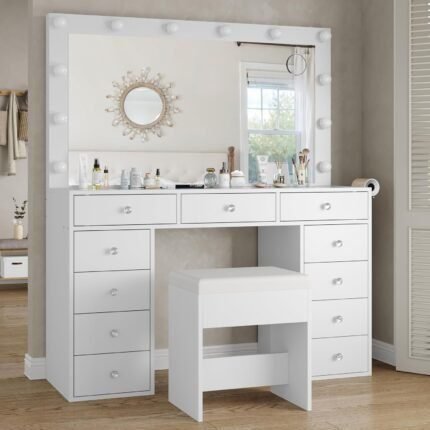 Vanity Desk & Power Outl, Makeup Vanity with Mirror and 12 LED Lights, Makeup Table with 11 Drawers