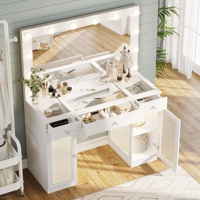 Vanity Desk with Mirror and Lights, Glass Top Vanity with Lights & Power Outlet, Makeup Vanity Desk with Lights