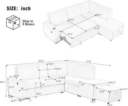 Sleeper Sectional Sofa with Pullout Bed, L Shape Sectional Couch with USB Ports