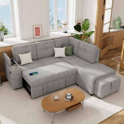 Sleeper Sectional Sofa with Pullout Bed, L Shape Sectional Couch with USB Ports