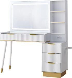 48" Vanity Desk with 35" Large Lighted Mirror, Big Modern Makeup Vanity Table with 5 Drawers