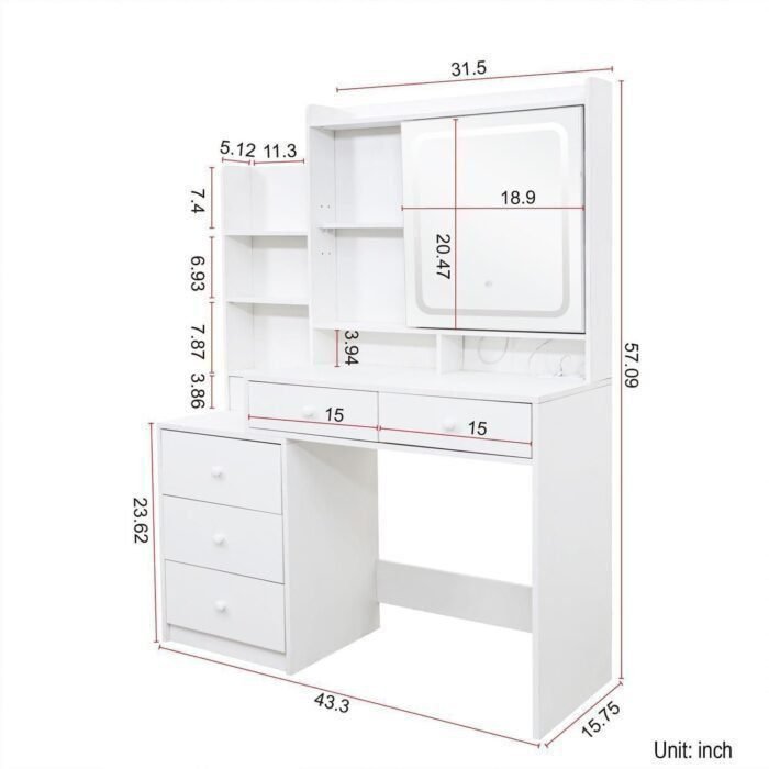 Large Vanity Makeup Table with Sliding Mirror and LED Lights, White Vanity Desk with 3 Lighting