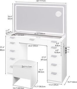 Makeup Vanity with Spacious LED-Lit Mirror Built-in Socket, Vanity Table with 11 Compartments and Magnifier