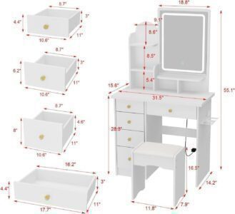Vanity Set with Rectangular Mirror, Makeup Vanity Dressing Table with 5 Drawers