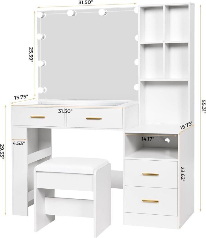 White Vanity Desk with Mirror and Lights,Vanity with Glass Top,Makeup Vanity Set Makeup Desk Dressing Table