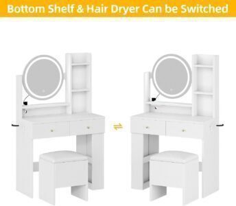 Makeup Vanity Desk with LED Lighted Mirror, White Vanity Set with Charger Station, Small Spaces Vanity Table
