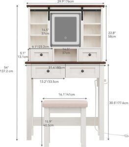 Farmhouse Vanity Desk with LED Lighted Sliding Mirror  Makeup Vanity Table with 4 Drawers Shelves