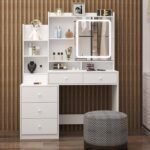 Large Vanity Makeup Table with Sliding Mirror and LED Lights, White Vanity Desk with 3 Lighting
