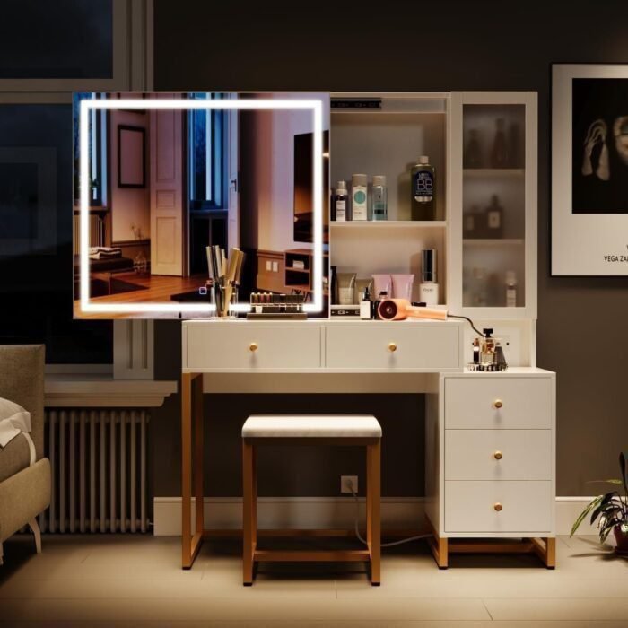 Makeup Vanity Table with Sliding Lighted Mirror, Makeup Dressing Table with 5 Drawers