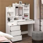 Large Vanity Makeup Table with Sliding Mirror and LED Lights, White Vanity Desk with 3 Lighting
