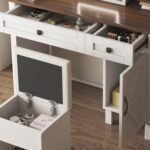 Farmhouse Vanity Desk with LED Lighted Mirror, Makeup Vanity Desk with Sliding Mirror