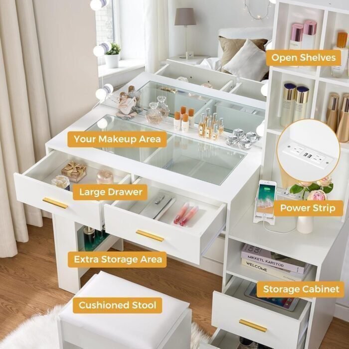 White Vanity Desk with Mirror and Lights,Vanity with Glass Top,Makeup Vanity Set Makeup Desk Dressing Table