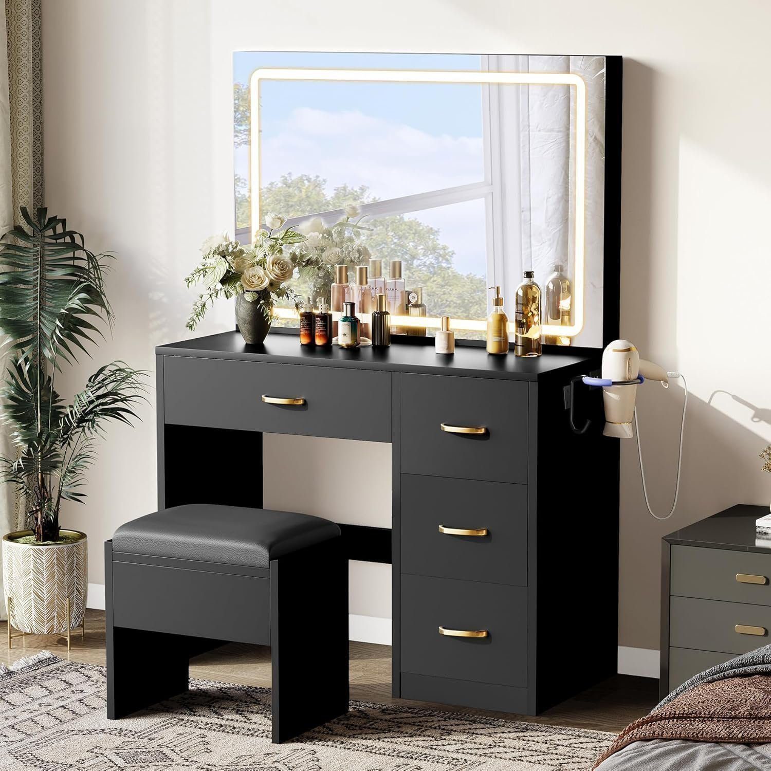 Makeup Vanity with Lighted Mirror, Vanity Desk with Power Strip, Adjustable Lighting, 4 Drawers - Ebony Black, LED Strip