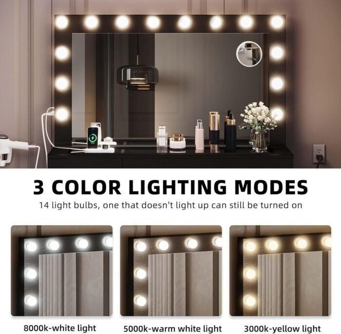 Makeup Vanity Set with Lighted Mirror, Power Outlet and 14 Lights, Vanity Desk with 9 Drawers, 3 Color Modes Available for Bedroom