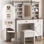 Farmhouse Vanity Desk with LED Lighted Mirror, Makeup Vanity Desk with Sliding Mirror
