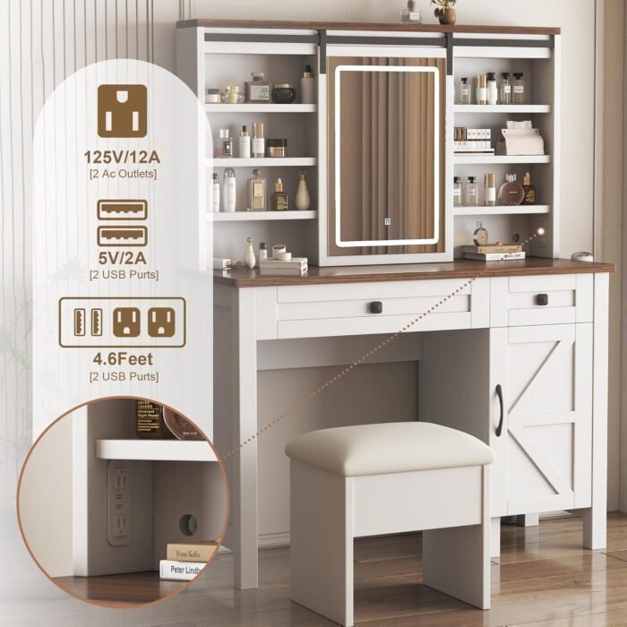 Farmhouse Vanity Desk with LED Lighted Mirror, Makeup Vanity Desk with Sliding Mirror